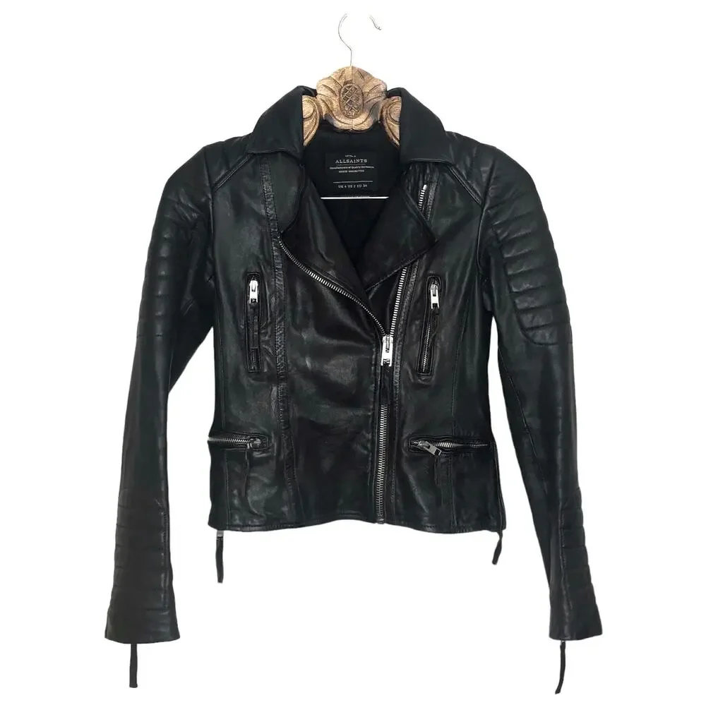 All Saints Pitch Biker Jacket Italian Leather Black Quilted Moto Zip 2
